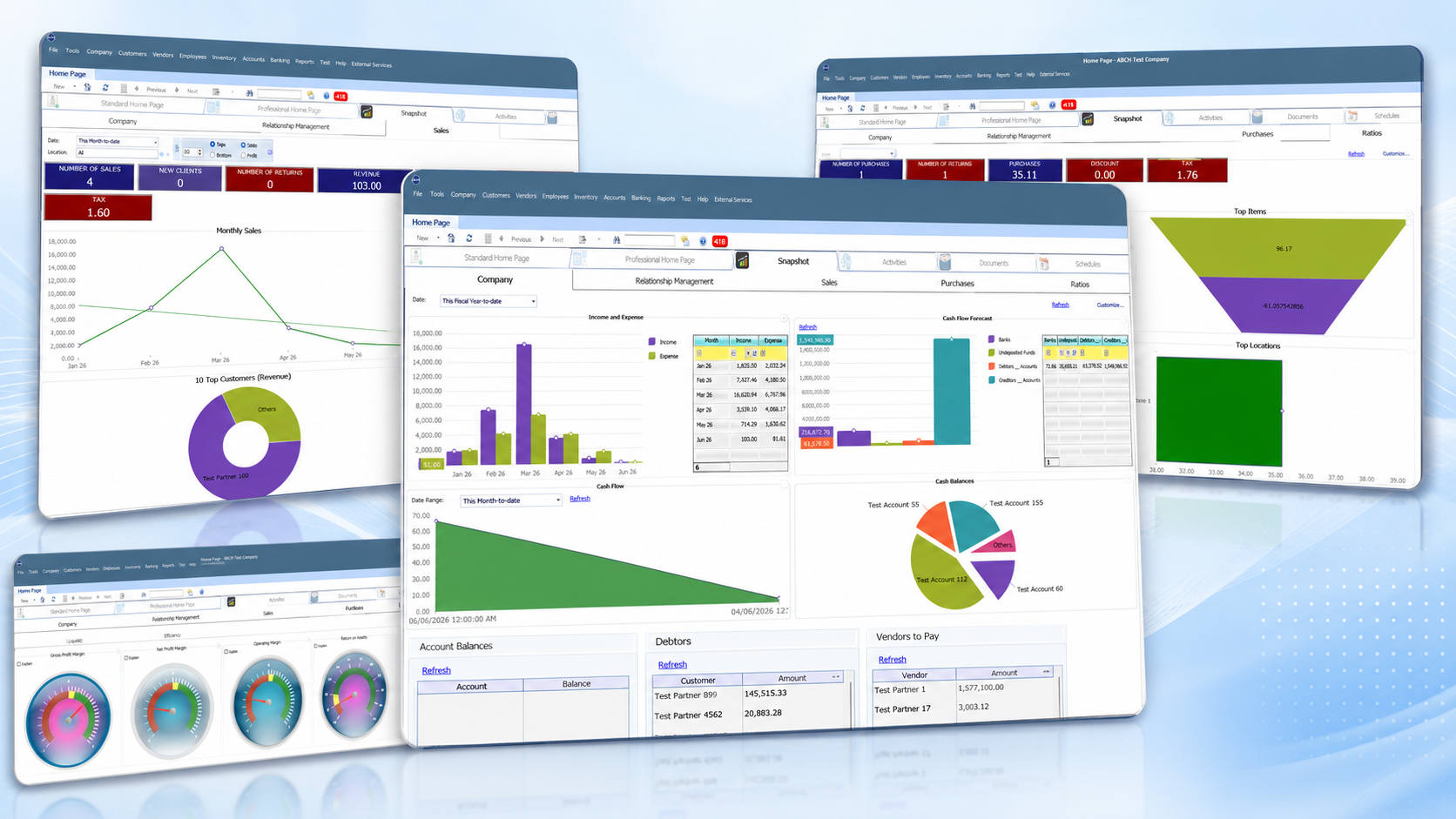 QBM dashboard preview showing business charts, sales summaries, cash flow, balances, and reporting views